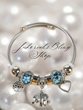 Blue Silver Elephant Charm Bangle Bracelet with Black & Silver Beads